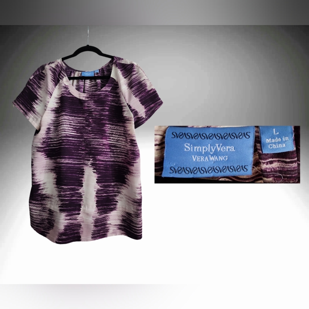 Simply Vera by Vera Wang, faux silk purple patterned top, sz L